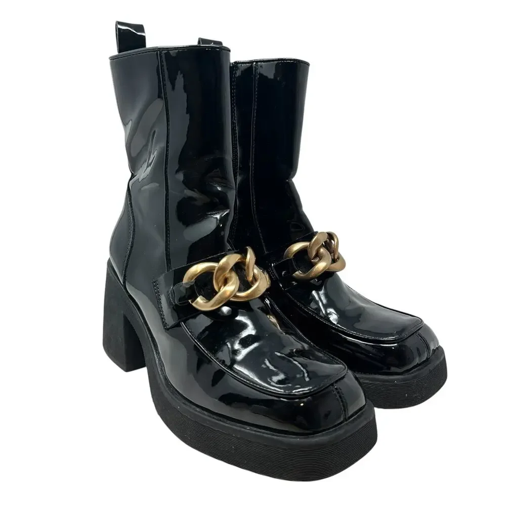 Steve Madden Bloom Platform‎ Boot Loafer Chunky Patent Leather Black Size 8.5